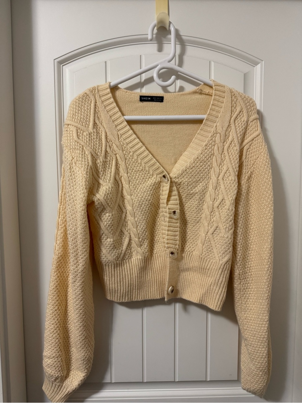 SHEIN Cream Cable-Knit Cropped Button Cardigan